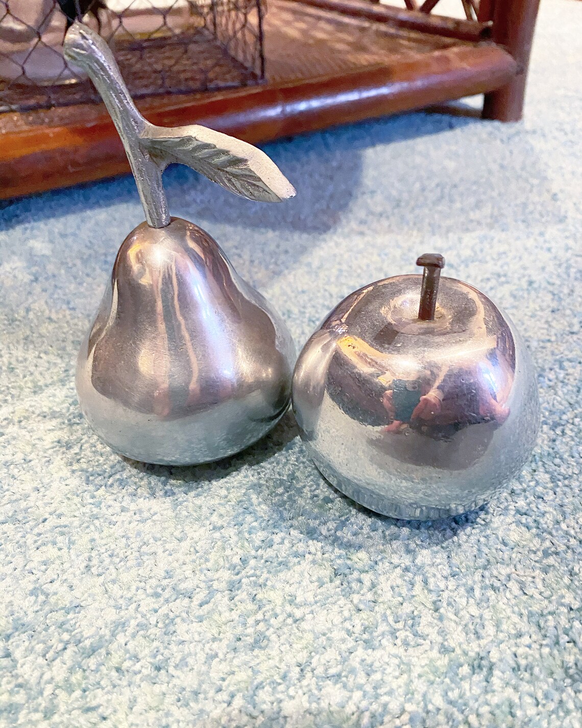 Silver Weight Metal Fake Fruit set of 2 Pear and Apple Etsy