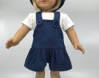 18 inch Doll Drop Waisted Shortalls With White Knit Short Sleeved T-Shirt and Hat