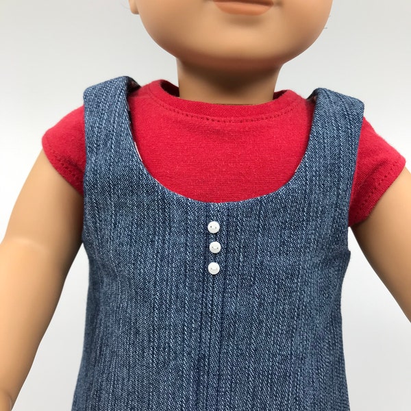 18 inch Doll A-Line Style Denim Jumper With Red Short Sleeve T-Shirt