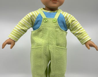18 inch Doll Outfit: Lime Green Baggy Overalls With A Long Sleeve T-Shirt