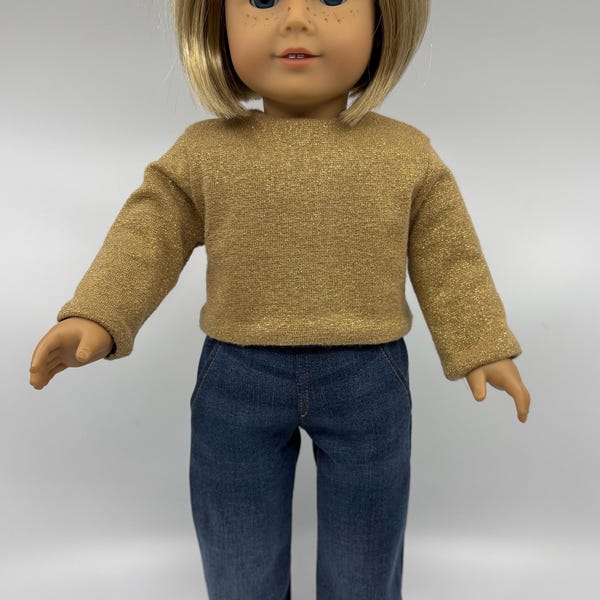 Conjunto para muñeca de 18 pulgadas: suéter corto dorado brillante y jeans rectos.