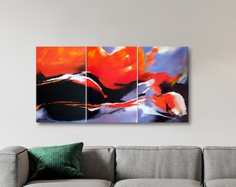 Courbes, peinture acrylique abstraite, couleurs expressives, triptyque, rouge bleu noir, 120 x 60 cm