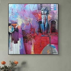 Bluebell tree at Untertorplatz, large-format original painting picture expressive painting city views mural unique living room loft style
