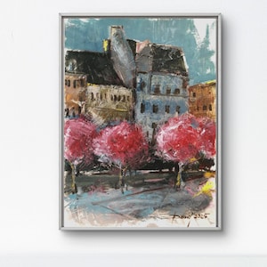 Primavera en Landau, pintura original sobre cartón, pintura al óleo de arquitectura, arte moderno, Palatinado, cerezos, paisaje urbano, cerezas ornamentales rosas