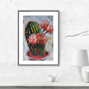 Cactus con fiore natura morta originale mini dipinto motivo figurativo 16 x 23 cm decorativo moderno dipinto ad olio su carta parete piccolo regalo