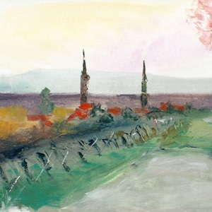 Landschaft Weinberge im Frühling, blühende Mandelbäume im Öl Gemälde im Kleinformat, schönes Motiv, impressionistische Malerei gerahmt