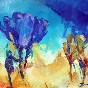 Krokussen. Origineel handgeschilderd acryl schilderij op MDF plaat. Stilleven, hedendaagse kunst, bladeren, bloemen, krokussen, lente