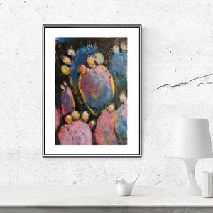 Cactus con fiore natura morta originale mini dipinto motivo figurativo 16 x 23 cm decorativo moderno dipinto ad olio su carta parete piccolo regalo