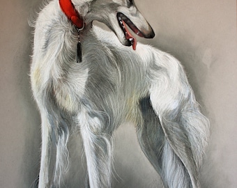 Greyhound russian borzoi dog portrait. Original hand-painted pastel drawing. Animal, animal painting, dogs, dog portraits. unique