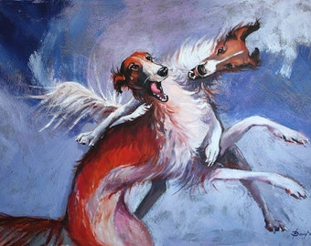 Plaisir de la chasse. Greyhound Portrait de chien russe Barsoi. Peinture de techniques mixtes grand format. Animal, peinture animalière, chiens, portraits d’animaux. Unique