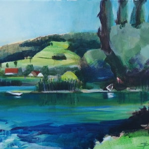 May include: A watercolor painting of a lake scene with a small village in the background. The lake is a vibrant blue-green color, and the village is nestled in the hills. There is a bench in the foreground, and the sky is a light blue.