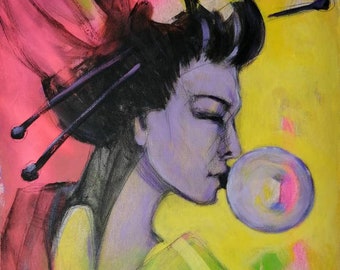 Japanese woman - funny portrait geisha with chewing gum. Original painting for modern interior, street art decoration figurative painting.
