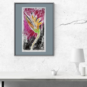Original Floral Motif Bird of Paradise Flower Strelitzia 10 Wall Decoration Monotype Drawing Single Piece Decorative Image for Kitchen Office