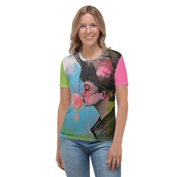 Damen-T-shirt mit original design "We love bubble gum" runder Halsausschnitt, stylish perfekt kombiniert mit Jeans, Rock. Modebewusste Frau