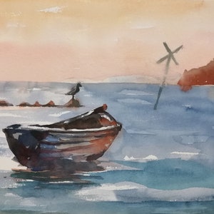 Vissersboot. Handgeschilderde aquarel tekening op papier, boot in watermotief, uniek. Decoratief. Originele aquarel tekening.