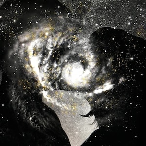 May include: Silhouette of a couple kissing with a galaxy of stars and swirling nebulae in the background.