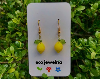 hypoallergenic lemon earrings with 18K gold-plated hooks / czech glass lemon with leaf earrings / ecojewelria