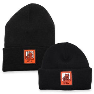 May include: Two black knitted beanies. Each beanie has a rectangular patch with an orange border. Inside the patch is a cartoon devil illustration and the word "HELL" in white letters.