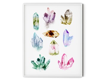 Colored gemstones printable home decor - watercolor crystal gemstones digital print wall art