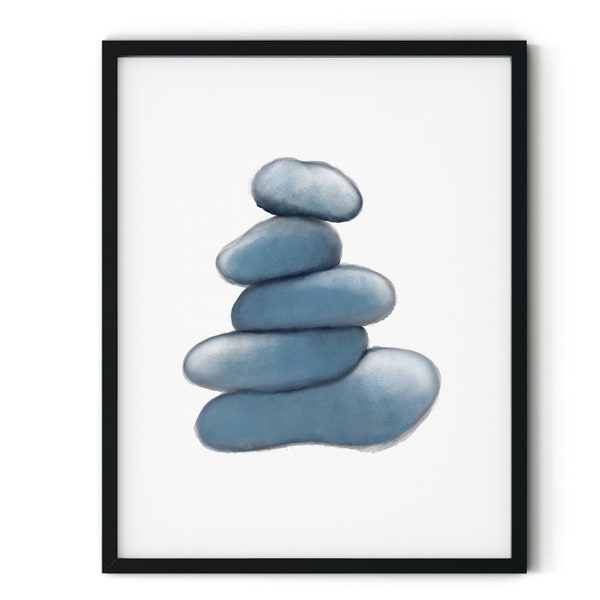 Blue Zen Balancing Rocks, Printable Home Decor, Watercolor Stacking Stones, Minimalist Digital Print Wall Art, Peaceful Meditation Artwork