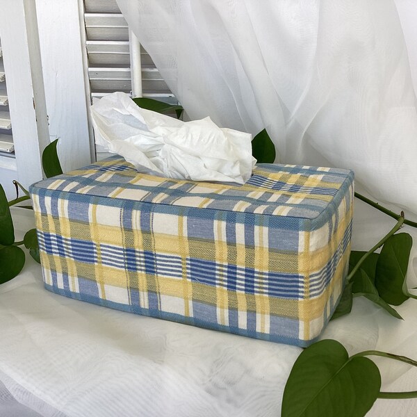 Blue, yellow and off white plaid tissue box cover.