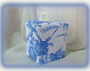 Blue and White Floral Design on Cotton Tissue Box Cover