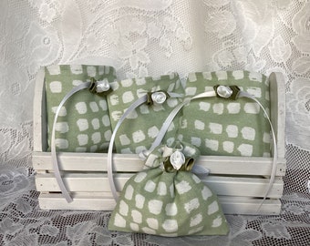 Green and white print on cotton sachet bags