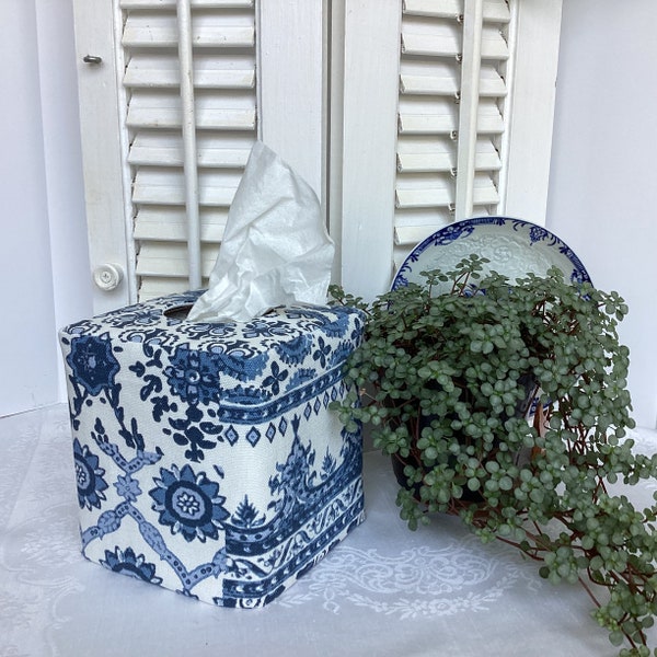 Patchwork print on cotton tissue box cover.  A classic print in shades of denim blues on a white background.