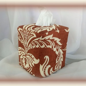 Brown and White Floral Design on Linen Tissue Box Cover