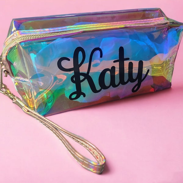 Holographic Personalized Makeup Bag - Iridescent Custom Name Boxy Case with Zipper - Choose Your Font & Letter Color