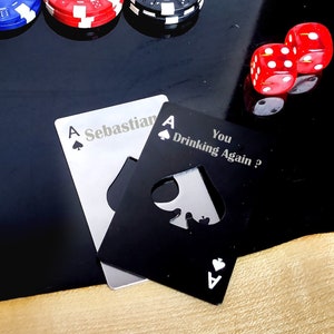 Décapsuleur personnalisé Poker Card, Cadeau de fête, Casino Poker Card, Cadeau de garçon d'honneur, Décapsuleur As de pique, Décapsuleur noir