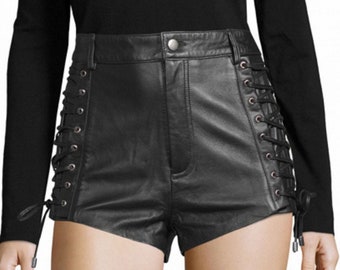 Womens & Girls Real Sheep Leather Black Side Lace Up Cheeky Shorts High Waist Slim Fit Ladies Shorts