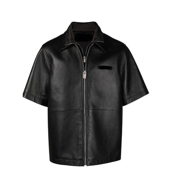 Handmade Mens Genuine Sheep Leather Black Double Collar Zipper Shirt Party Costume Casual Shirt Bikers Shirt New Design 2022