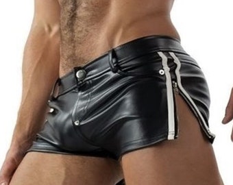 Hommes en cuir Gay Shorts en cuir de mouton véritable Boxer Shorts faits à la main en cuir noir LGBTQ Shorts en cuir Shorts d'été