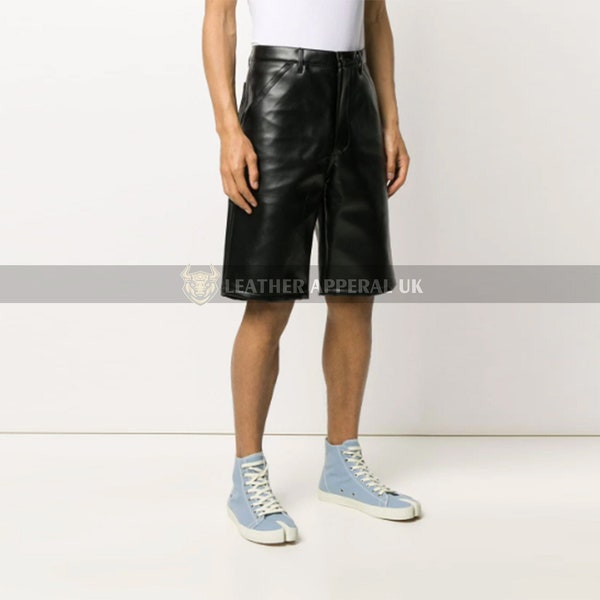 Short en cuir véritable pour hommes Short décontracté en cuir fait à la main Short d’été en cuir noir