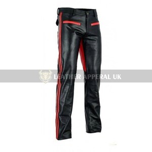 Black leather pants with red stripe discount