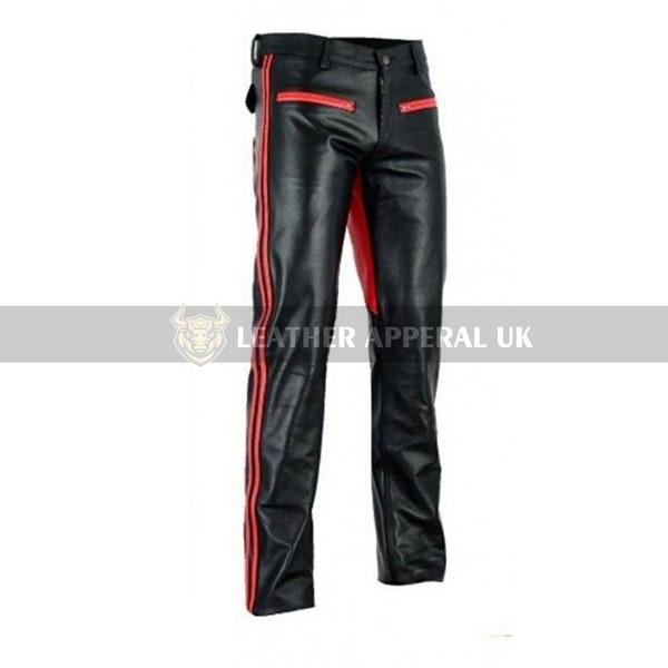 Herren Reiter Hose Echtes Rindsleder Biker Rote Streifen Hose Handgefertigte Boot Cut Motorradhose Racing Leder Kostüm