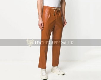 Mens Leather Trousers Real Cow Leather Drawstring Trouser Handmade Leather Trouser Brown Leather Pants