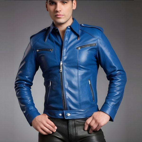 Chemise en cuir pour homme faite main en cuir de vache véritable Chemise de police bleue Chemise de motard Chemise décontractée pour homme Cadeau pour mari