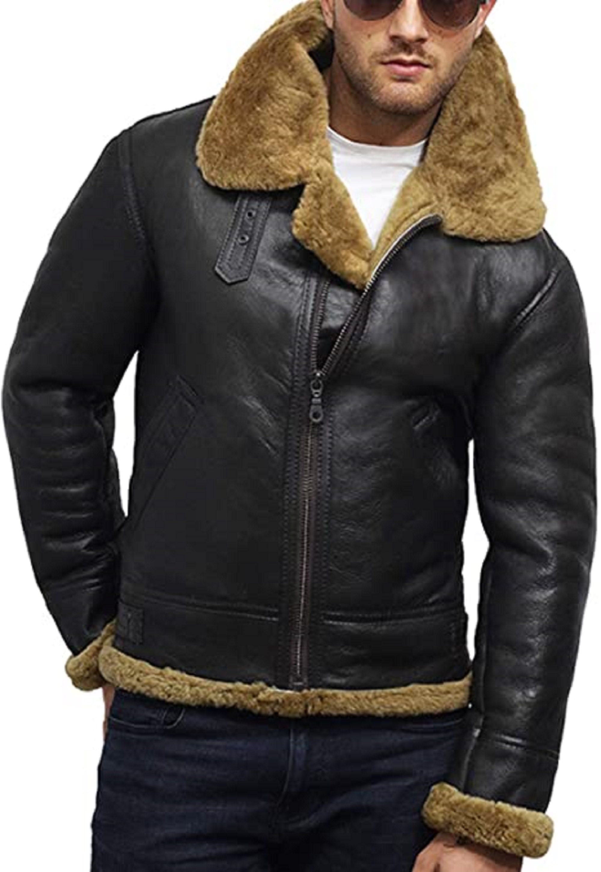 Mens Black Shearling Jacket Real Sheep Skin Aviator Jacket - Etsy UK