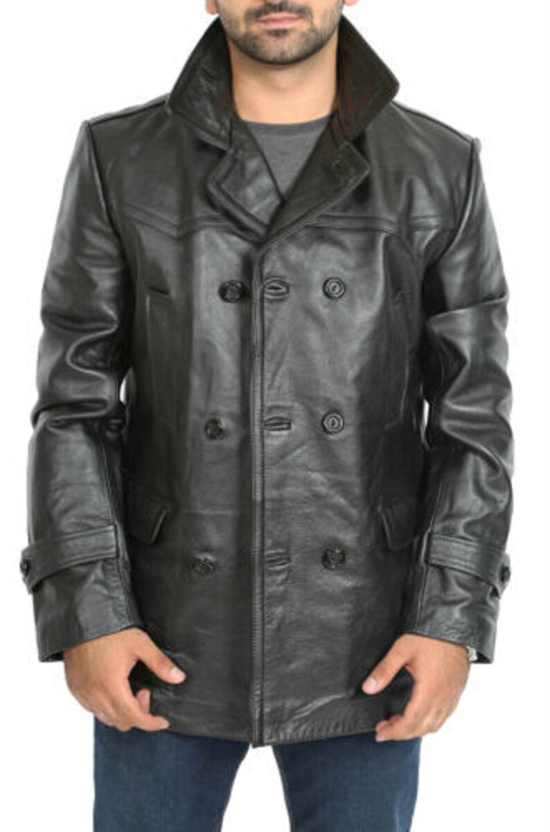 Mens Double Breasted Trench BLACK Real Cow Leather Jacket - Etsy