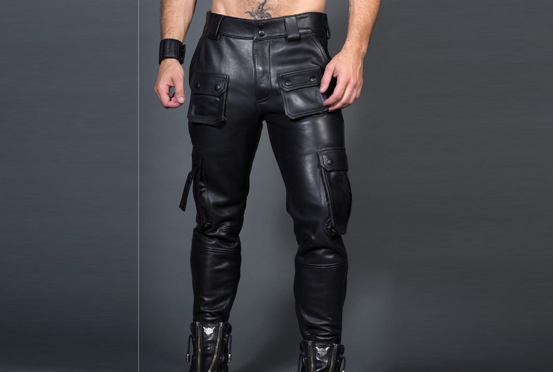 Handmade Mens Leather Cargo Pants Real Sheep Leather Motorcycle Pants