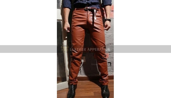 Mens Brown Leather Pants Handmade Real Cow Leather Biker Pants Slim Fit  Party Pants -  Canada