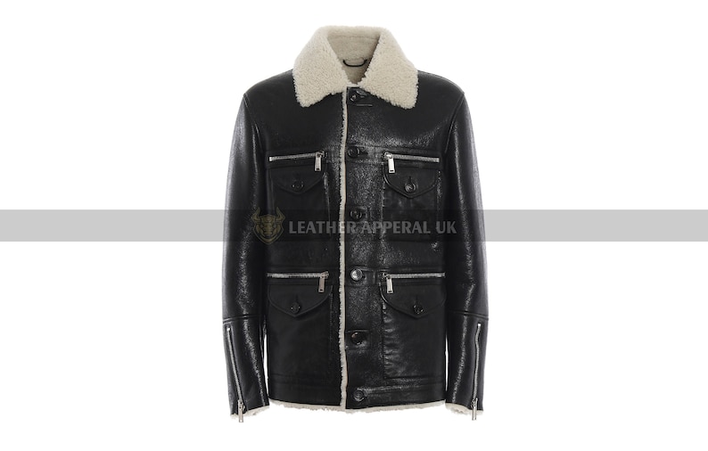 Real Leather Shearling Jacket Black Sheep Skin Aviator Jacket Handmade Winter Jacket
