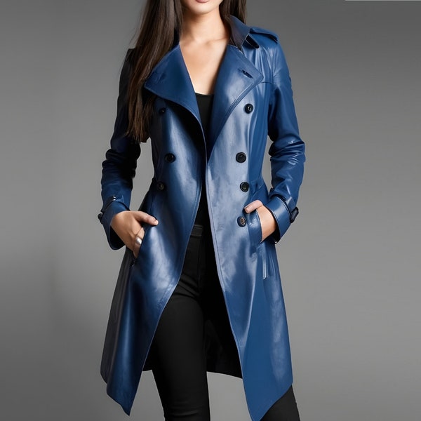 Manteau en cuir pour femme fait main en cuir de vache véritable Trench bleu manteau d'hiver pour femme Duster en cuir bleu