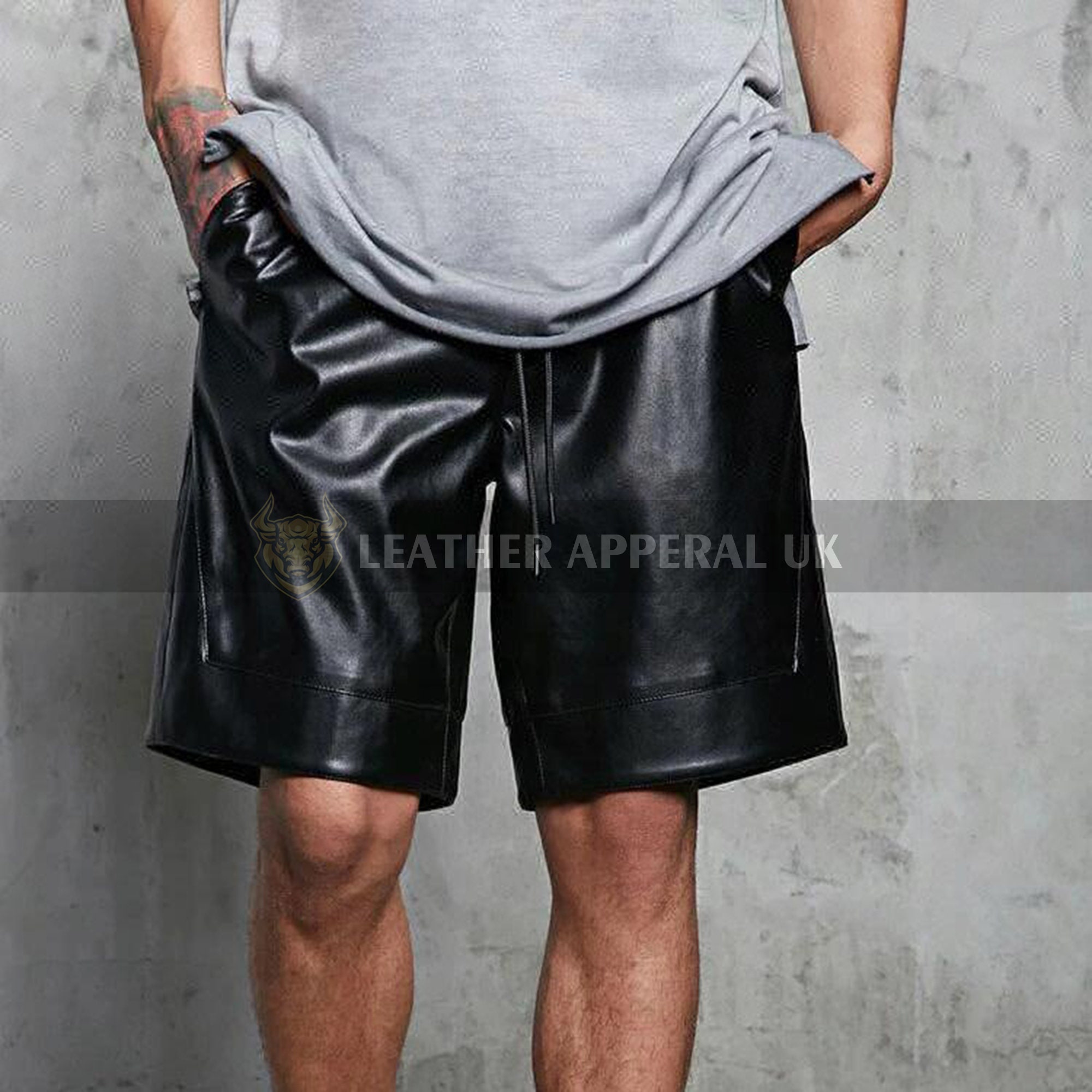 Real Leather Shorts Men's Black Loose Fit Leather Shorts - Etsy UK