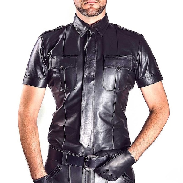 Chemise habillée faite main pour hommes en cuir de mouton véritable Chemise noire de style police Costume de fête Chemise décontractée Chemise motard Chemise gay Chemise boîte de nuit