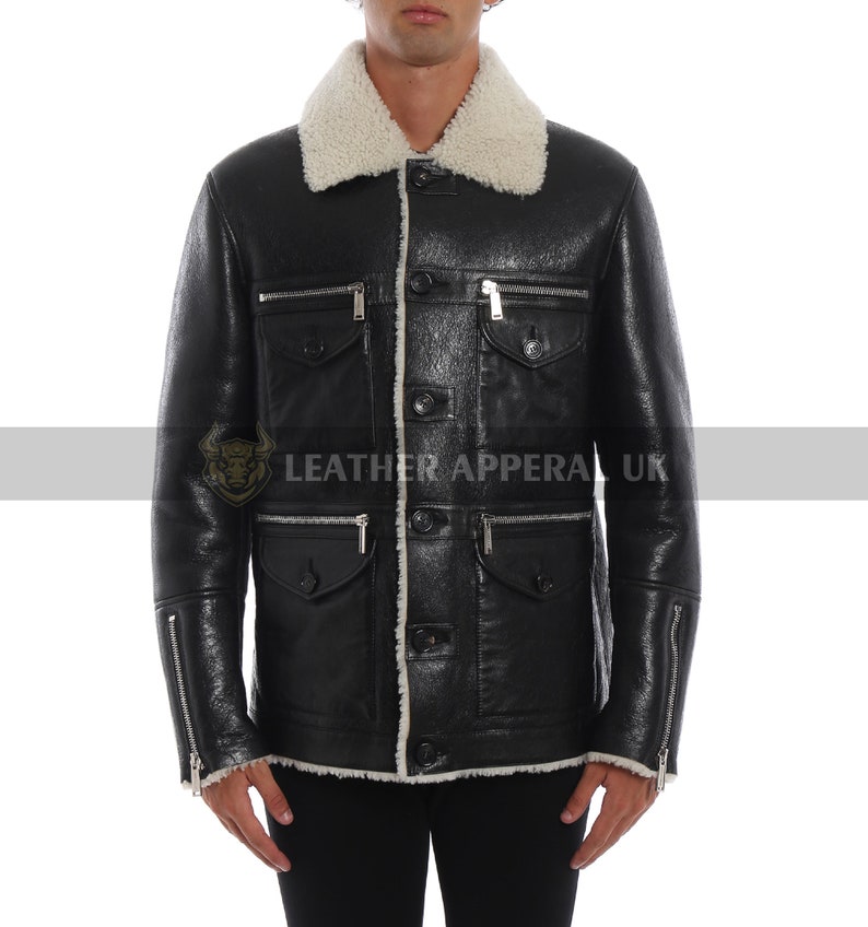Real Leather Shearling Jacket Black Sheep Skin Aviator Jacket Handmade Winter Jacket