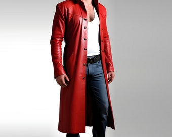 Handgefertigte Herren Leder Duster Rot Echtes Rindsleder Trenchcoat Leder Gothic Langer Mantel Steampunk Mantel Für Männer Geschenk Für Ihn