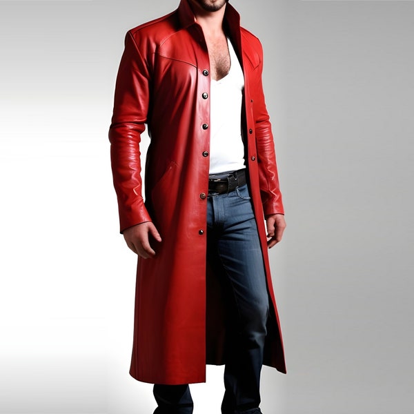 Handmade Men's Leather Duster Red Genuine Cow Leather Trench Coat Leather Gothic Long Coat Steampunk Overcoat For Men Gift For Him